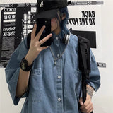 Harajuku Clothing Men's Casual Shirts Summer Denim Shirt Top Short Sleeve Loose Shirt for Men and Women