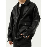 80's Leather Jacket Loose Men's Jacket Turn-down Collar Coat Pu Casual Leather Clothing