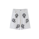 Men Jean Shorts Printed Raw Edge Denim Shorts Men's Loose Fifth Pants Summer Casual Straight-Leg Middle Pants