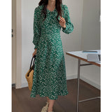 Green Fairycore Dress Early Autumn French Ruffle Collar Cinched Tie Slim-Fit Floral Skirt Fairy Temperamental Dress