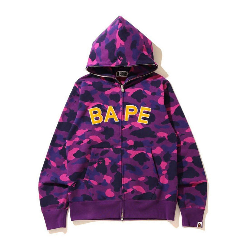 A Bath Ape Men's and Women's Camouflage Letters Cardigan Zipper Hoodie Sweater Coat