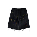 Men Jean Shorts Printed Raw Edge Denim Shorts Men's Loose Straight Shorts Summer Bermuda Shorts