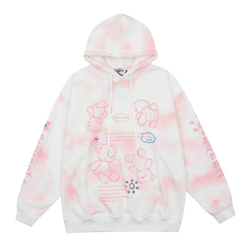 Cartoon Bear Printed Sweater Men's plus Size Retro Sports Casual Loose Pullover Fleece Lined Sweatshirt Men Thermal Hoodie