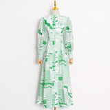 Green Fairycore Dress Pastoral Style Green Dress Autumn Small Stand Collar Single-Breasted Printing and Dyeing High Waist Big Swing Dress