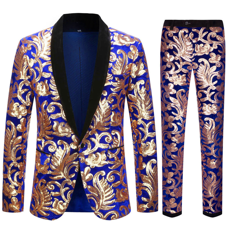 Mens Prom Suits Two-Piece Blue Velvet Gold Sequined Suit