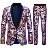 Mens Prom Suits Two-Piece Blue Velvet Gold Sequined Suit