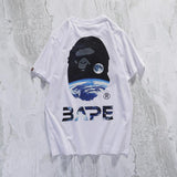 A Ape Print T Shirt Summer Loose Cartoon Printed Short Sleeve Leisure Pullover Collarless White Bottoming Shirt