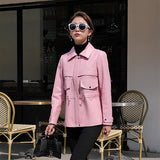 Hot Pink Motorcycle Jacket Mid-Length Casual Coat Spring Genuine Leather Clothes