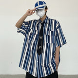 Harajuku Clothing Men's Casual Shirts Summer Retro Striped Printed Short Sleeve Shirt Male and Female Overalls Shirt