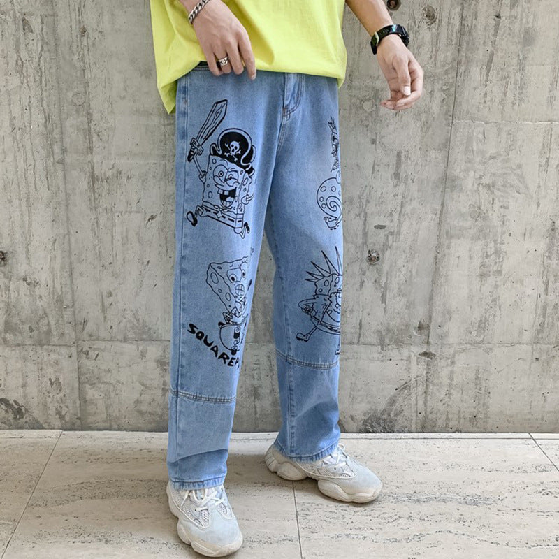 Anime Print Jeans Denim Pants for men Printed Loose Straight Casual Jeans