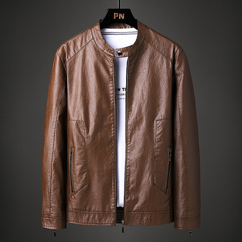 80's Leather Jacket Fall Winter Men Stand Collar Leather Jacket Coat Motorcycle Clothing Leather Coat for Men