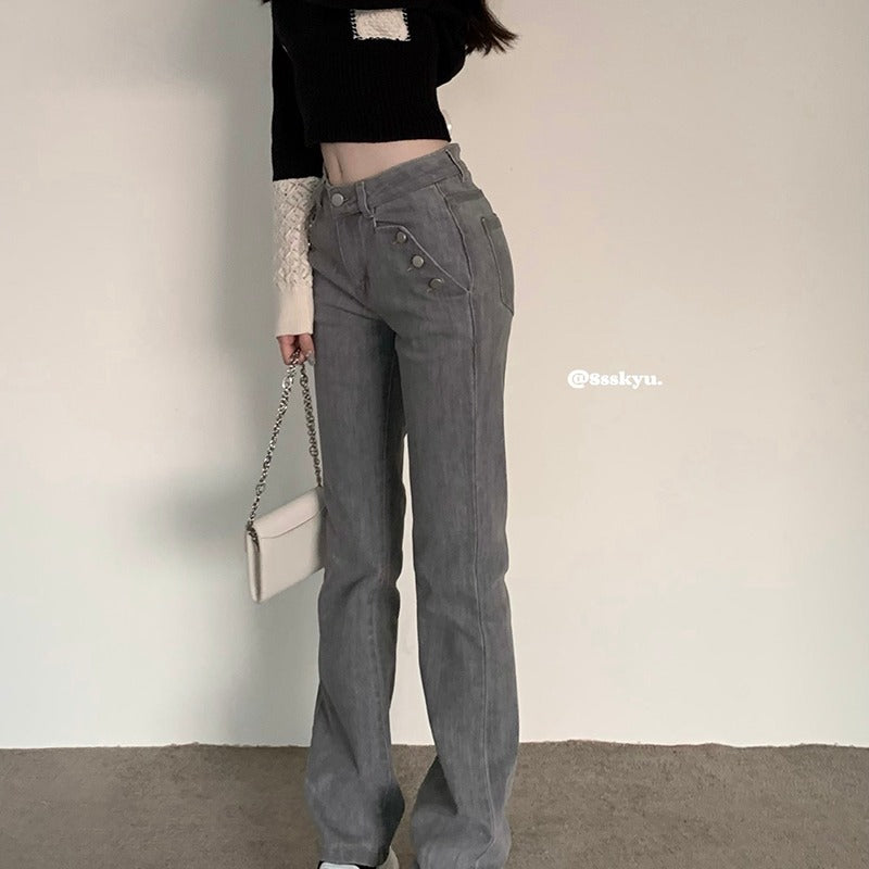 Low Rise Jeans Low Waist Slimming Denim Trousers Women's Fall/Winter Slim Washed Straight-Leg Pants