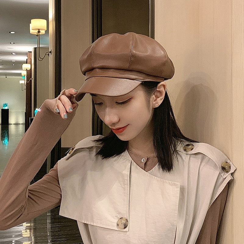 Beret Hat PU Leather Octagonal Cap Children Autumn British