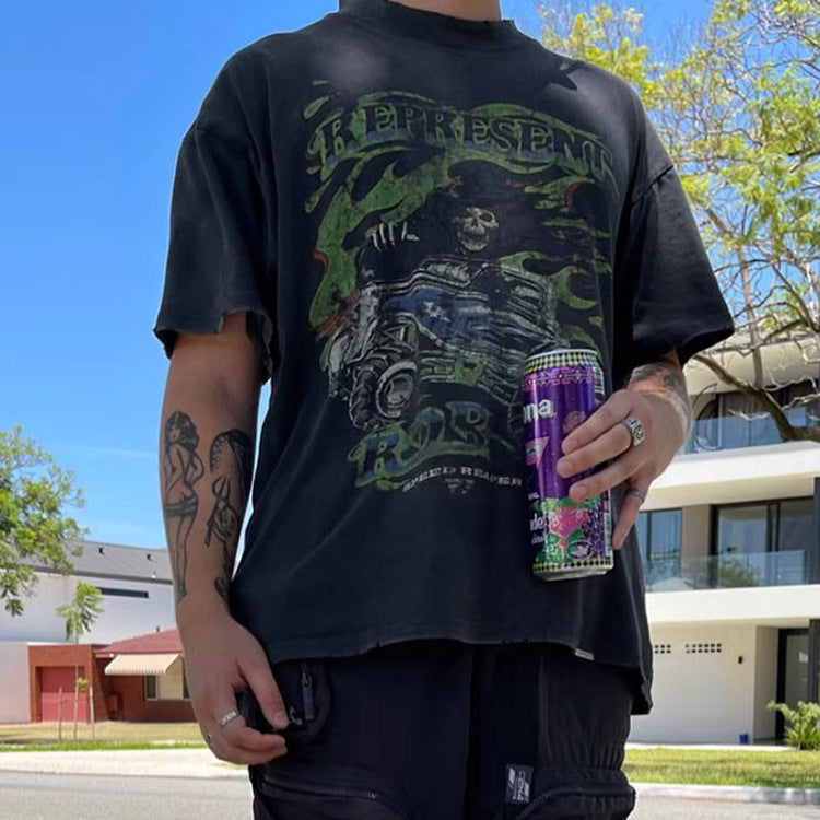 Present Letter Print T Shirt Soul Skull off-Road Vehicle Vintage Wash Short Sleeve Loose Couple T-shirt