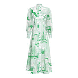 Green Fairycore Dress Pastoral Style Green Dress Autumn Small Stand Collar Single-Breasted Printing and Dyeing High Waist Big Swing Dress