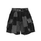Men Jean Shorts Stitching Denim Shorts Men's Street Large Pocket Loose Straight Shorts