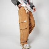 Mens Fall Outfits Corduroy Overalls Loose Straight Drawstring Ankle-Tied Wide-Leg Pants