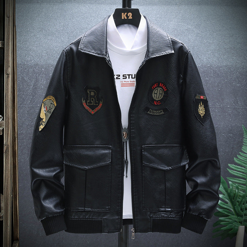 80's Leather Jacket Autumn Men's Leather Jacket Jacket Badge Labeling Embroidered Motorcycle Leather Coat