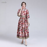 Russian Style Dress Autumn Vintage Court Style Large Swing Stand-up Collar Puff Sleeve Printed Long Dress