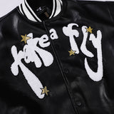 Two Tone Leather Jacket Letter Embroidered Long Sleeve Baggy Coat Men's and Women's Leather Baseball Uniform