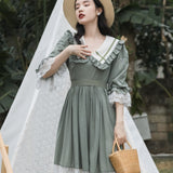 Green Fairycore Dress Doll Collar Mesh Slimming Patchwork Dress