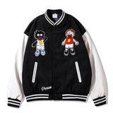 Mens Fall Outfits Hip Hop Retro Cartoon Flocking Baseball Uniform Jacket Loose PU Leather Stitching Jacket