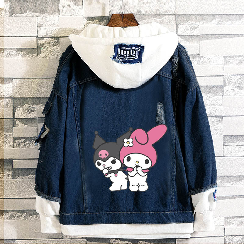 Kuromi Zip up Hoodie Denim Fake Two-Piece Cartoon * Onegai My Melody Printed Jacket Casual Coat