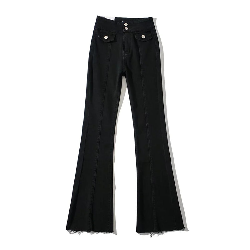 100 Cotton Jeans Women Autumn High Waist Two Buttons Middle Seam Stitching Edging Bootleg Pants