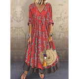 Red Peasant Dress Autumn and Winter V-neck Three-Quarter Sleeve Vintage Printed Fake Two-Piece Women's Dress