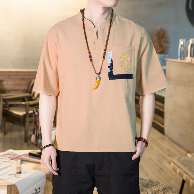 Men's T-shirt Casual plus Size Top Summer Short Sleeve T-shirt Men's Loose Large Size Retro Pocket Embroidery Half Sleeve