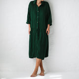 Green Fairycore Dress Idle Style Cotton and Linen plus Size Casual Polo Collar Solid Color Shirt Dress for Women