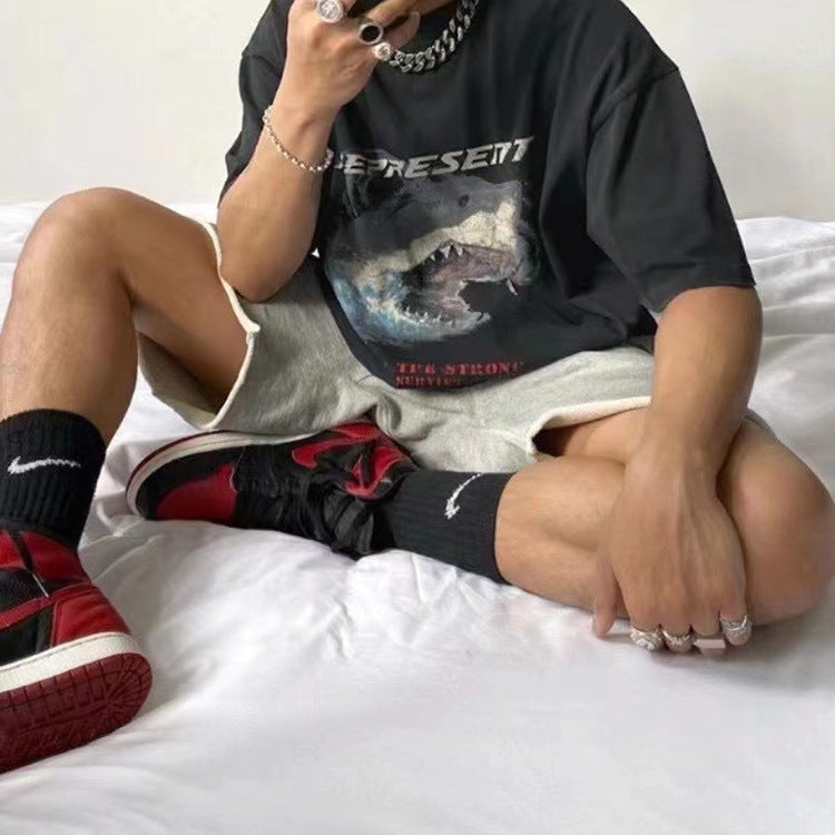 Present Letter Print T Shirt Shark Vintage Print Washed Half-Sleeved Loose Crew Neck Casual Couple Short Sleeve T-shirt