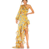 Kendall Jenner Wedding Guest Dress Hip Skirt Oblique Shoulder Floral Irregular Lotus Leaf