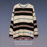 Mens Fall Outfits Loose Hole Round Neck Couple Striped Sweater