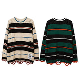 Mens Fall Outfits Loose Hole Round Neck Couple Striped Sweater