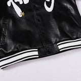 Two Tone Leather Jacket Letter Embroidered Long Sleeve Baggy Coat Men's and Women's Leather Baseball Uniform