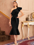 Bohemian Chic Wedding Dress Black Mid-Length Dress off-Shoulder Elegant Mid-Waist Dress