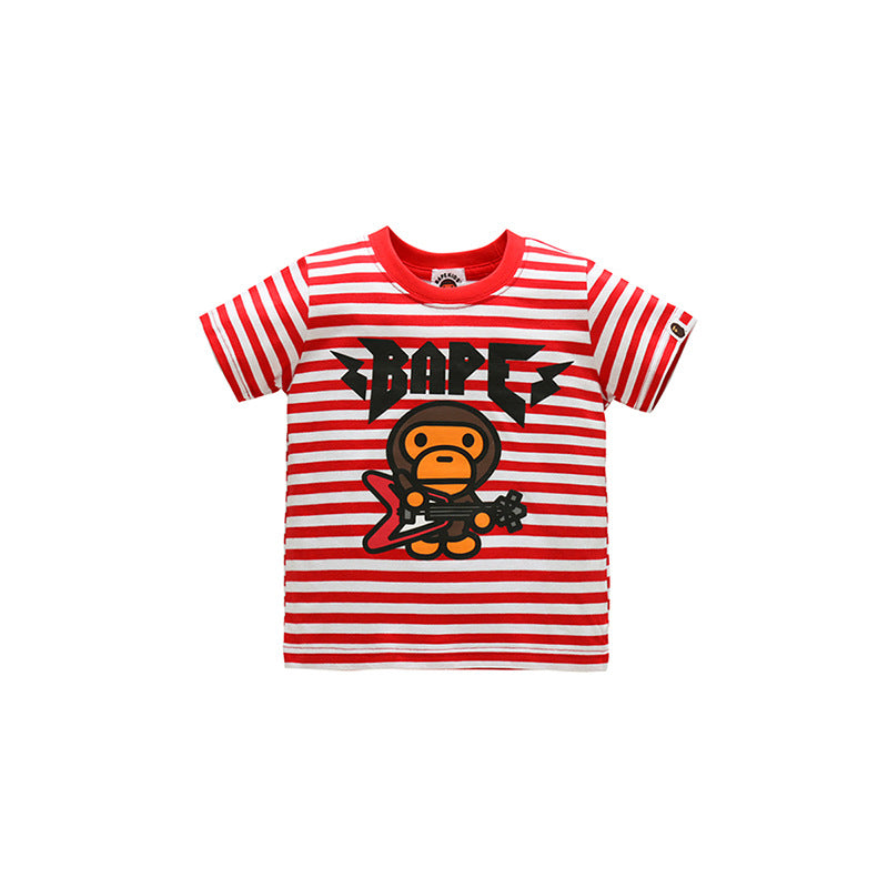 A Ape Print for Kids T Shirt Striped T-shirt round Neck Cartoon Cotton Short Sleeve