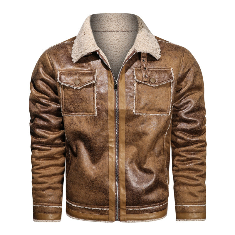 1970 East West Leather Jacket Men's Casual Retro Coat Winter Middle-Aged Lapel with Velvet Fur Jacket