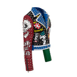 Azalea Wang Graffiti Moto Jacket Blue and Red Color Matching Leather Printed Half-Open Collar Punk Rivet Coat Short Slim-Fit Leather Coat Women