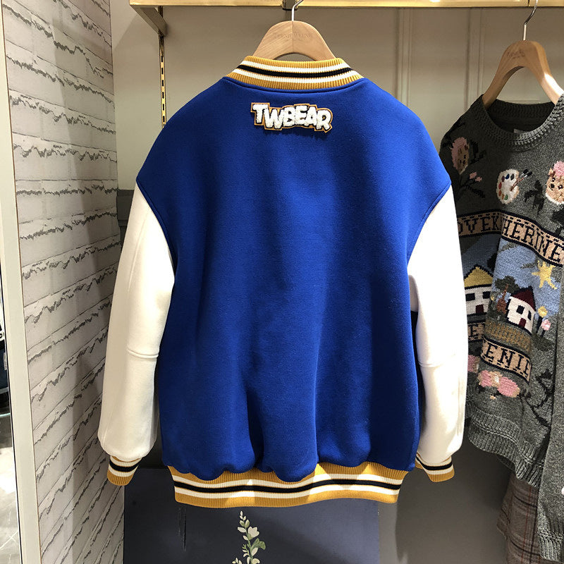 Cheerleader Letterman Jacket Fleece-Lined Thick Loose BF Versatile Baseball Uniform