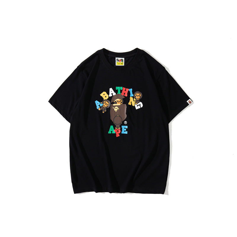 A Bath Ape T Shirt Summer Casual Loose Large Size Short Sleeve Cartoon Letter Little Monkey T-shirt