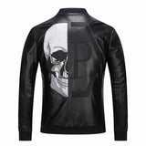 Hand Painted Leather Jackets Men's Skull Hot Rhinestone Pp Embroidery Cotton Thickened Leather Jacket Coat