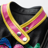 Azalea Wang Graffiti Moto Jacket Spring and Autumn Pink Fruit Green Color Block Street Cropped Leather Coat