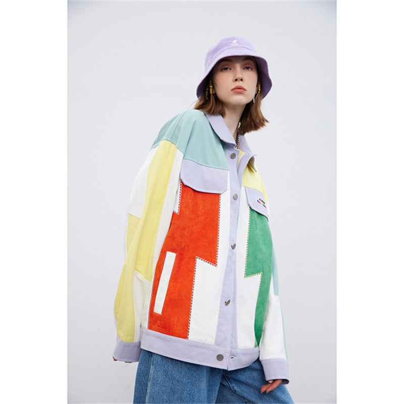 80's Colorful Leather Jacket Autumn Colored Mosaic Coat Unisex Style Retro Street Casual Top