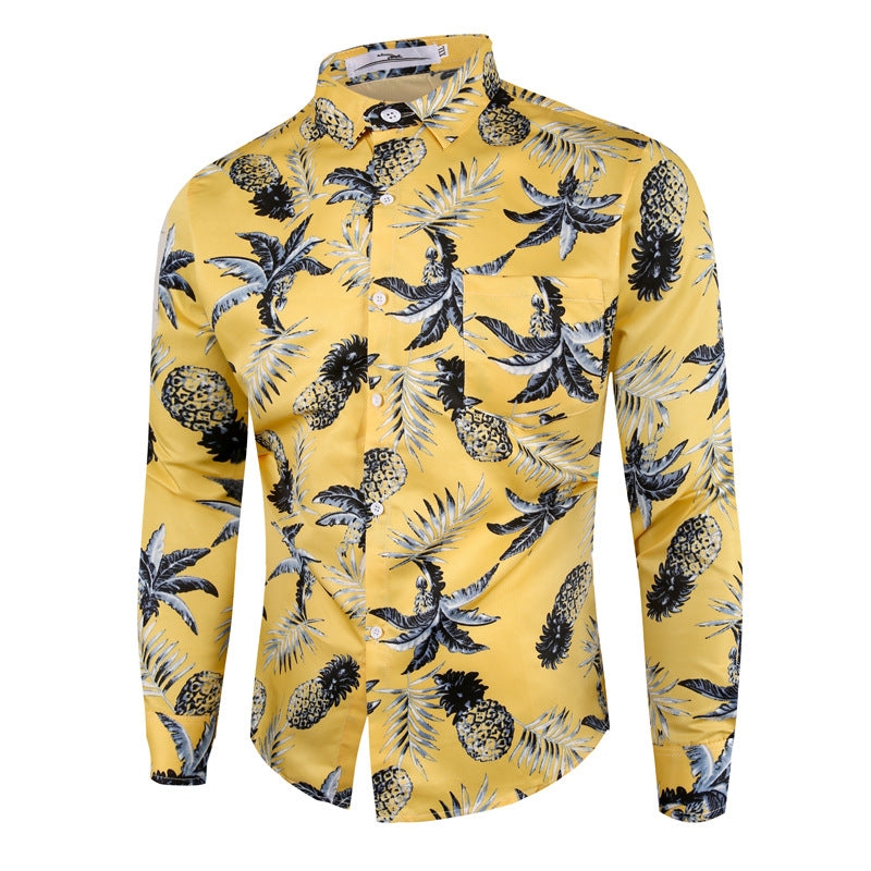 Men's Slim-Fit Pineapple Print Long Sleeve Retro Sports plus Size Fashion Casual Men Shirt