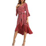 Red Peasant Dress Spring/Summer Polka Dot Patchwork Ruffled V-neck Dress
