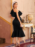 Bohemian Chic Wedding Dress Black Mid-Length Dress off-Shoulder Elegant Mid-Waist Dress
