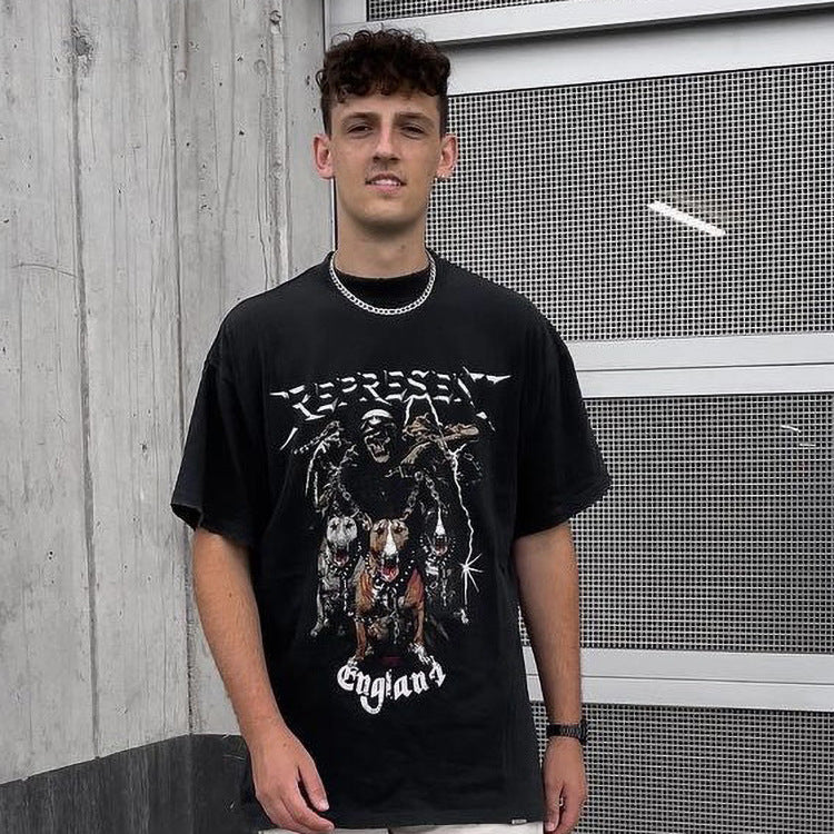 Present Letter Print T Shirt Present Retro High Street Soul Hound Vintage Washed Distressed Loose Couple Short Sleeve T-shirt Men