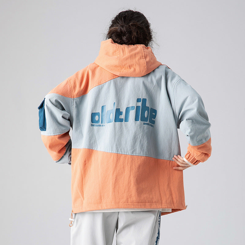Men's Spring plus Size Retro Sports Colorblock Hood Jacket Men's Oversize Jacket Men's Jacket Men Jacket